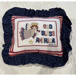 VTG Cross Stitch Pillow 12x10 Inch God Bless America USA Ruffle Red White‎ Blue